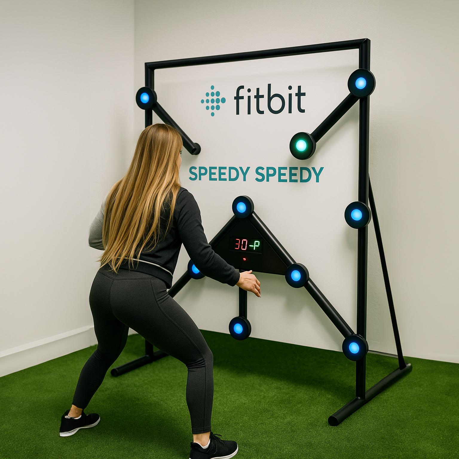 Woman playing Batak reaction game at a fitness event in Dubai, touching illuminated buttons to test her speed and reflexes. "Speedy Speedy" displayed on wall.